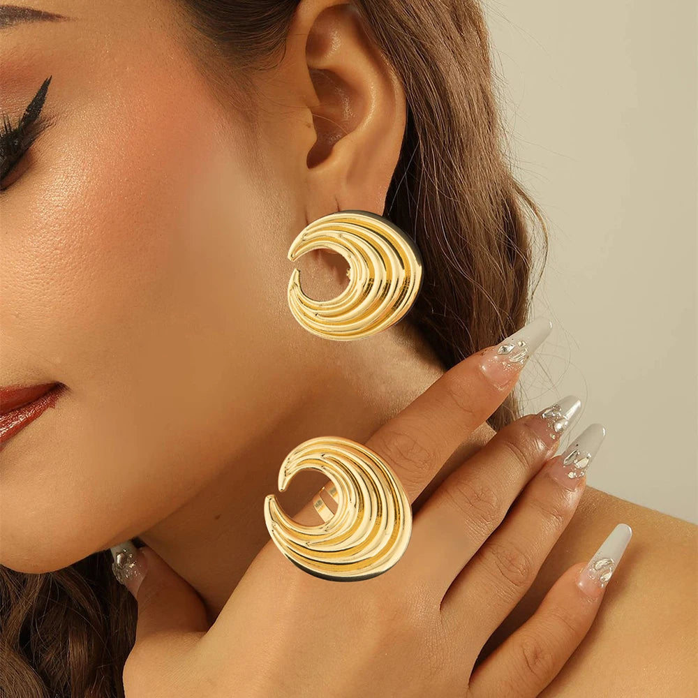 18k Gold Color Earrings with Ring Jewelry Set for Party African Weddings Bridal Clip Earrings Finger Ring Set for Ethiopia Gift