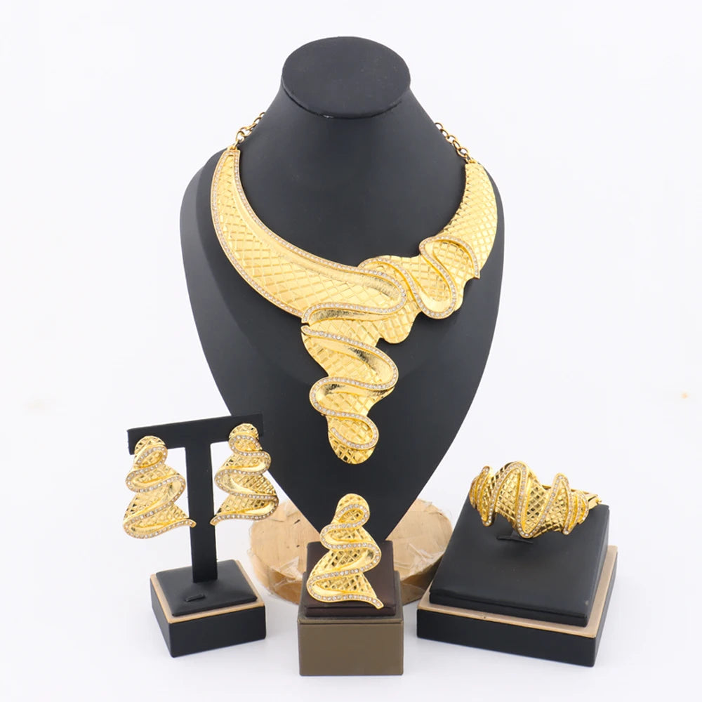 African Fashion Earrings Necklace Ring Bracelet Jewelry Set for Women Luxury Gold Color unique Design Italy Wedding Gift