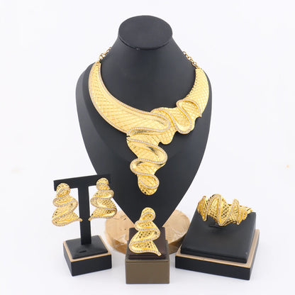 African Fashion Earrings Necklace Ring Bracelet Jewelry Set for Women Luxury Gold Color unique Design Italy Wedding Gift