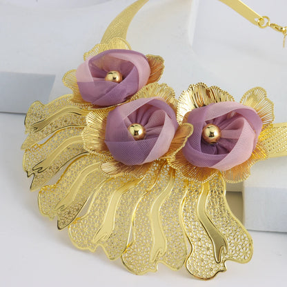 Dubai Gold Plated Women's Jewelry Set Big Flower Necklace Bracelet Ring Set Gold Color Luxury Necklace Earrings Jewelry Party