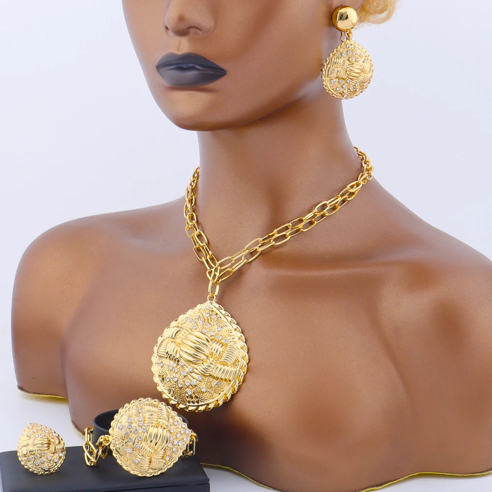 African Gold Plated Inlay Zircon Necklace Earrings Bracelet Ring Jewelry Set for Women Classic Gold Color Party Gift