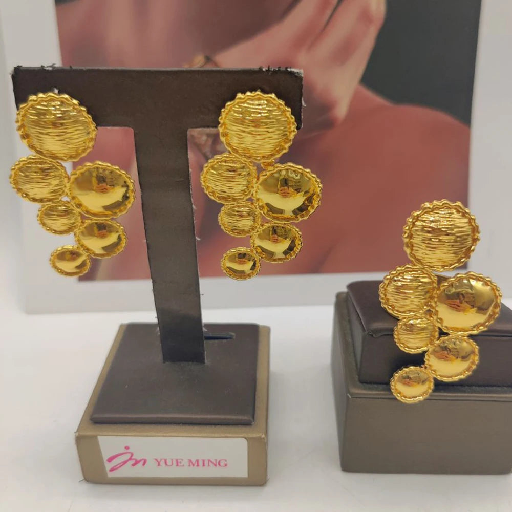 Gold Color Earrings Jewelry Set for Women African Bride 18k Gold Plated Copper Hollow Out Earrings Finger Ring Set for Weddings