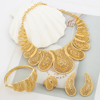 Dubai Italy Gold Color Jewelry Set for Women Flower Design Large Necklace Earrings 4Pcs Set Brazilian Nigerian Accessories Gift