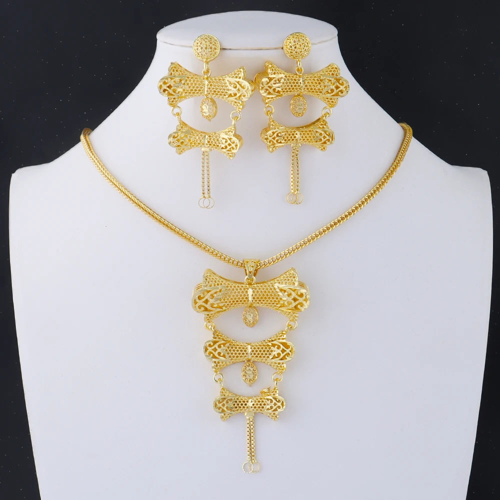 Dubai Gold Color Jewelry Set For Woman Bridal Nigerian African 24K Gold Color Necklace Earrings Jewellery Set Party Gift