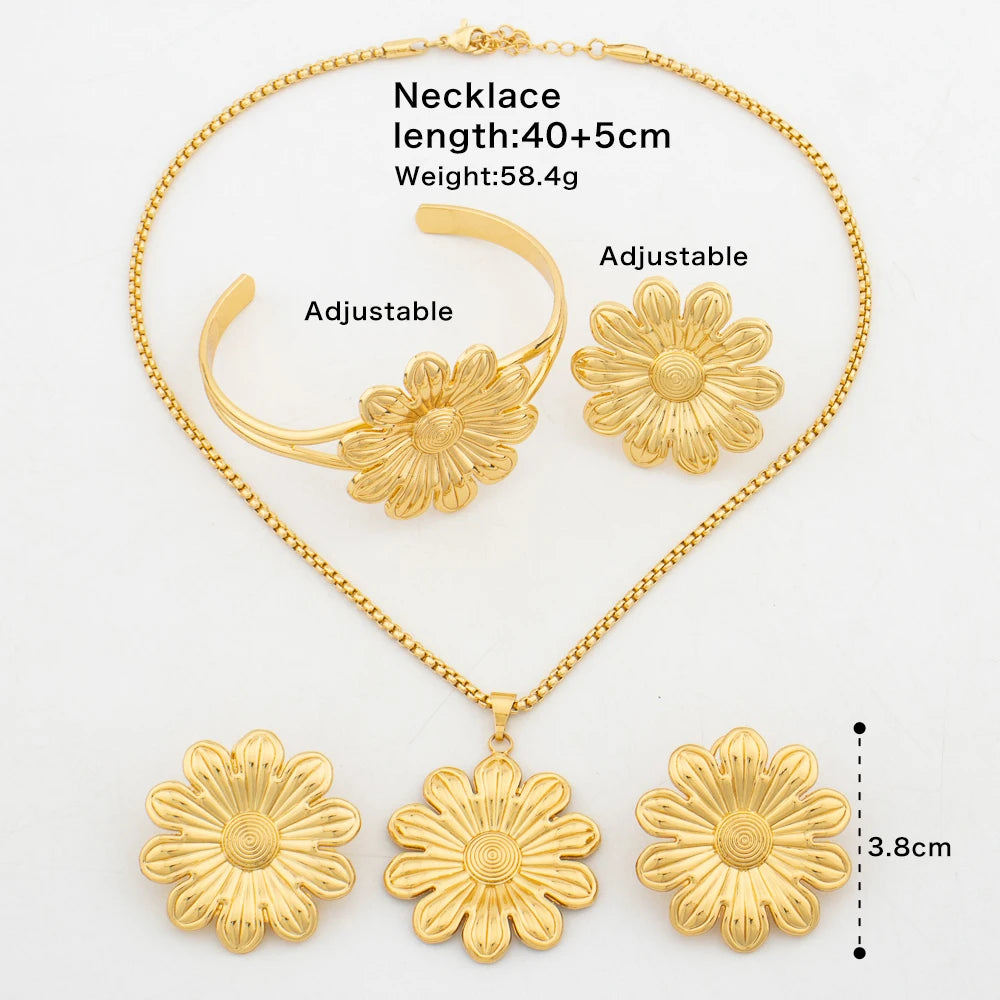 Women's Fashion Earrings Necklace Flower Shape 18K Gold Plated Jewelry Set French Ins Bracelet Ring Romantic Jewelry Party Gifts