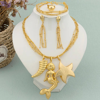 New Design Dubai Gold Color Jewelry Set for Women Fashion Multi-Layer Necklace Earrings Jewelry Luxury Copper 3 Pendant Gift