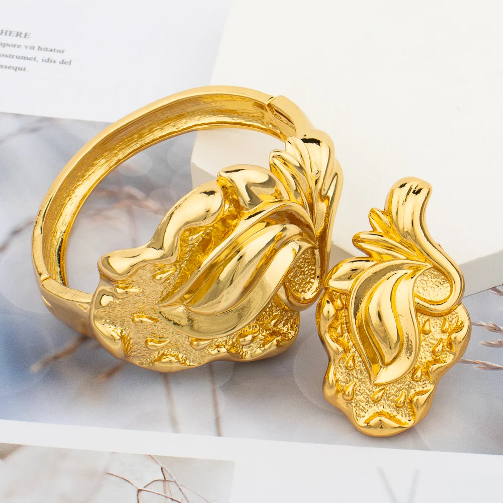 Gold Plated Bangle and Ring Set Fashion Romantic Rose Design Hollow Bracelet 18k Gold Color Jewelry Accessorie for Weddings