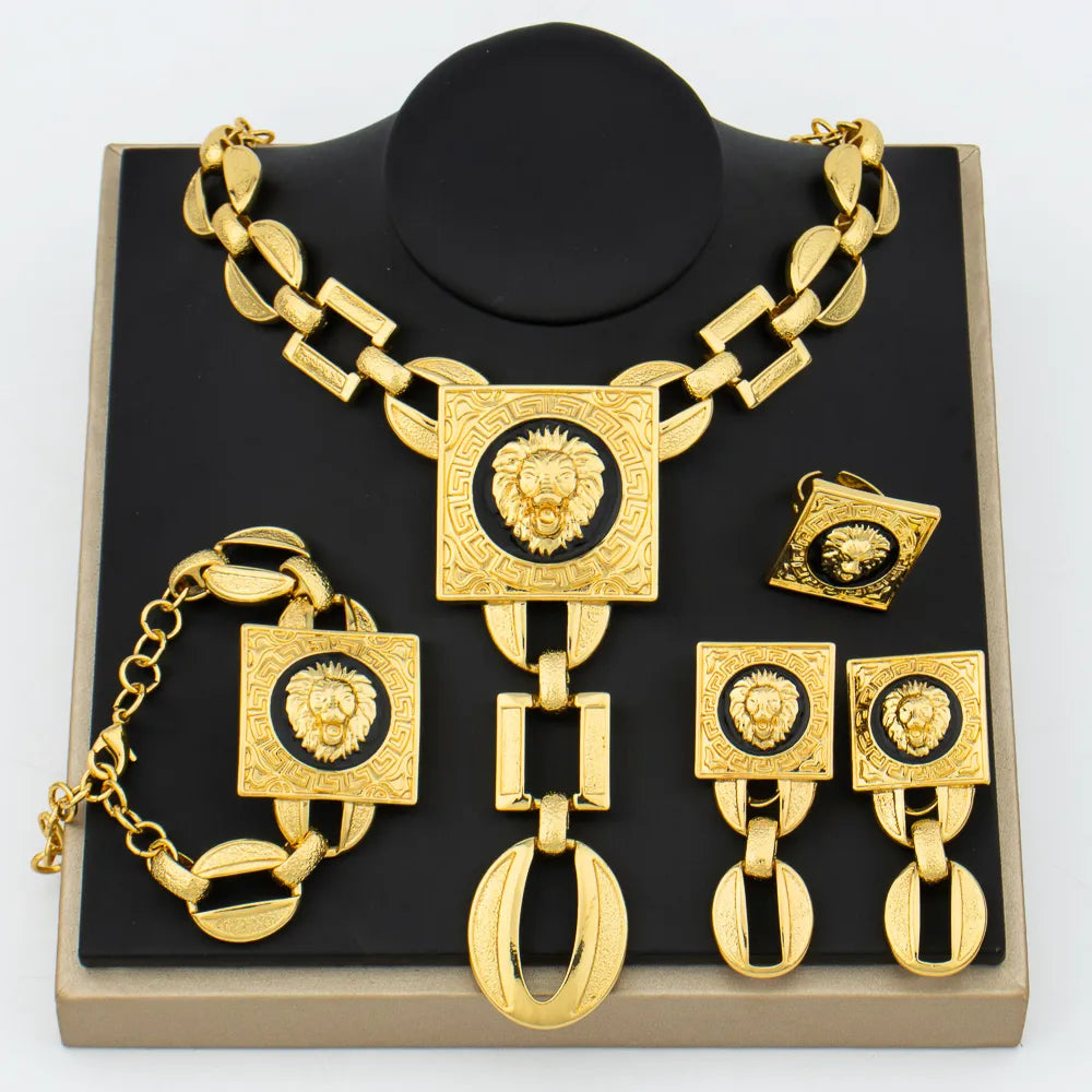 YM Jewelry Set Fashion Woman 18k Gold Plated Necklace Bangle Jewelry Face Shape Chain Pendant Copper Earring Square Ring Gift - YUEMING JEWELRY