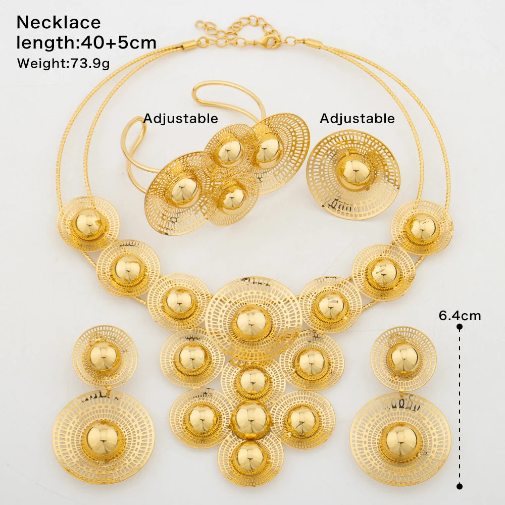 Big Woman Jewelry Set Dubai Gold Plated Earrings Necklace Copper Multiple Small Circle Design Flower Bride Bangle Rings Gift