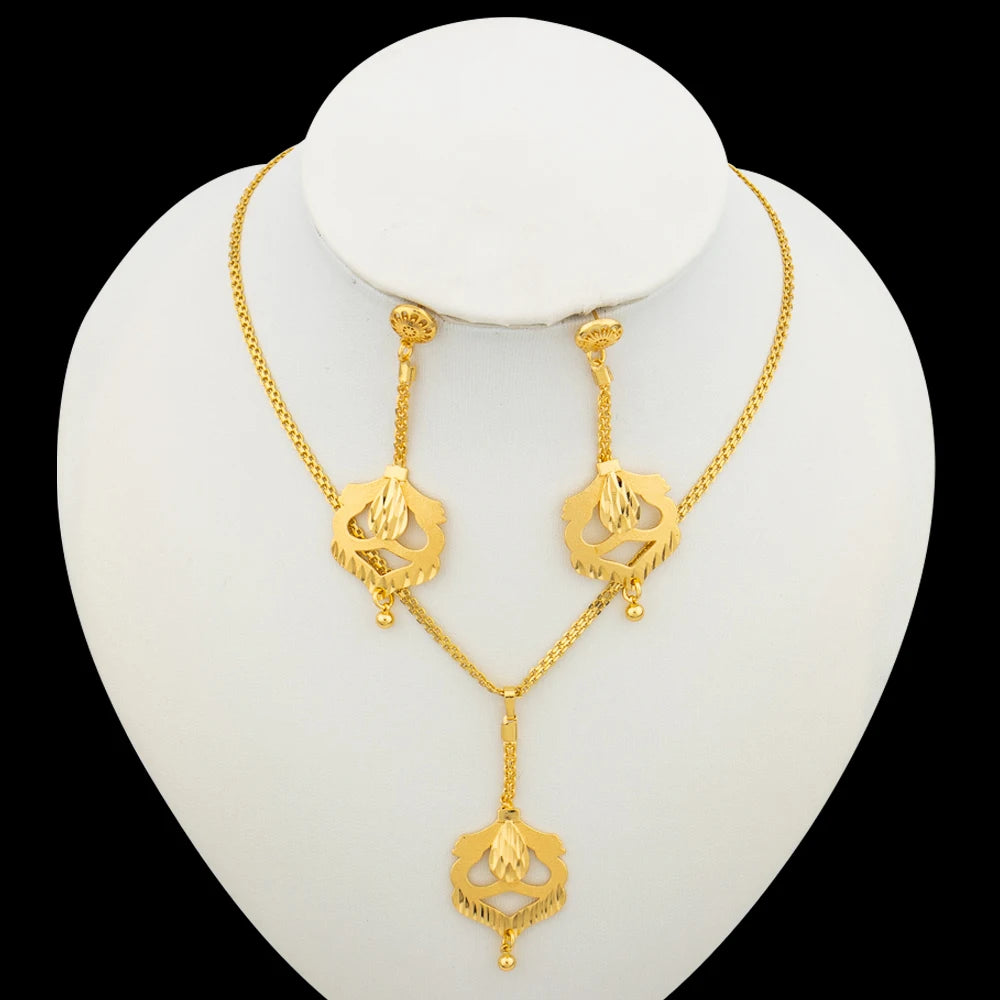 Dubai Gold Color Necklace Jewelry Set for Women Dangle Earrings and Necklace Bridal Weddings Earrings Engagement  Jewellery Gift