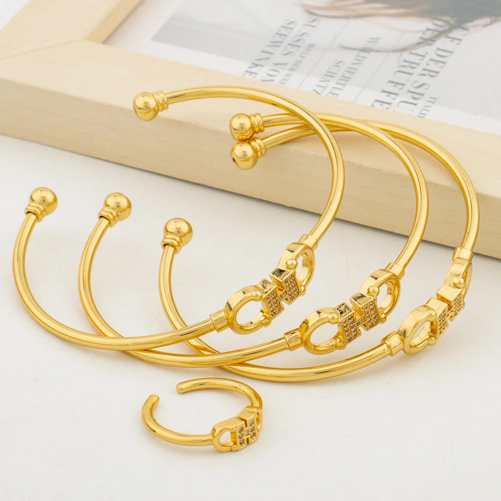Bangles with Ring Jewelry Set for Party African Women 18k Gold Color Cuff Bangle Ring Beads Design Hand Bracelet Jewelry Set