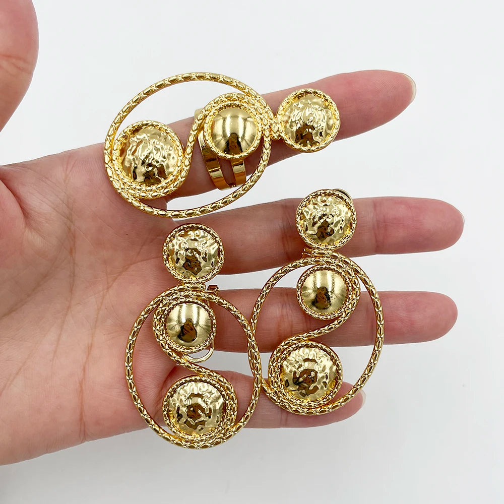 2Pcs Stylish Vintage Earrings Ring Premium Alloy Irregular Spiral Jewelry for Women Party Geometric Hollow Circular Jewellery