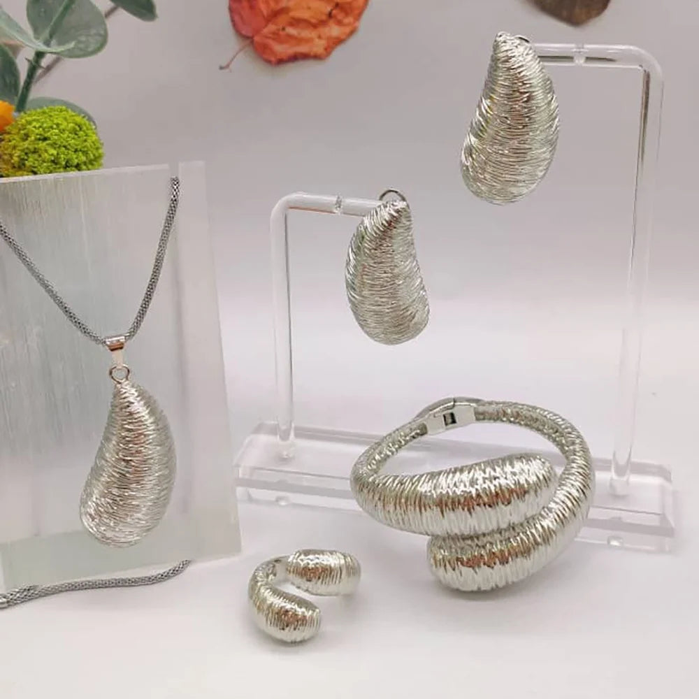 African Jewelry Set for Women Copper Alloy Earrings and Pendant Necklace Bangle Ring Set for Nigerian Daily Wear Party Gift