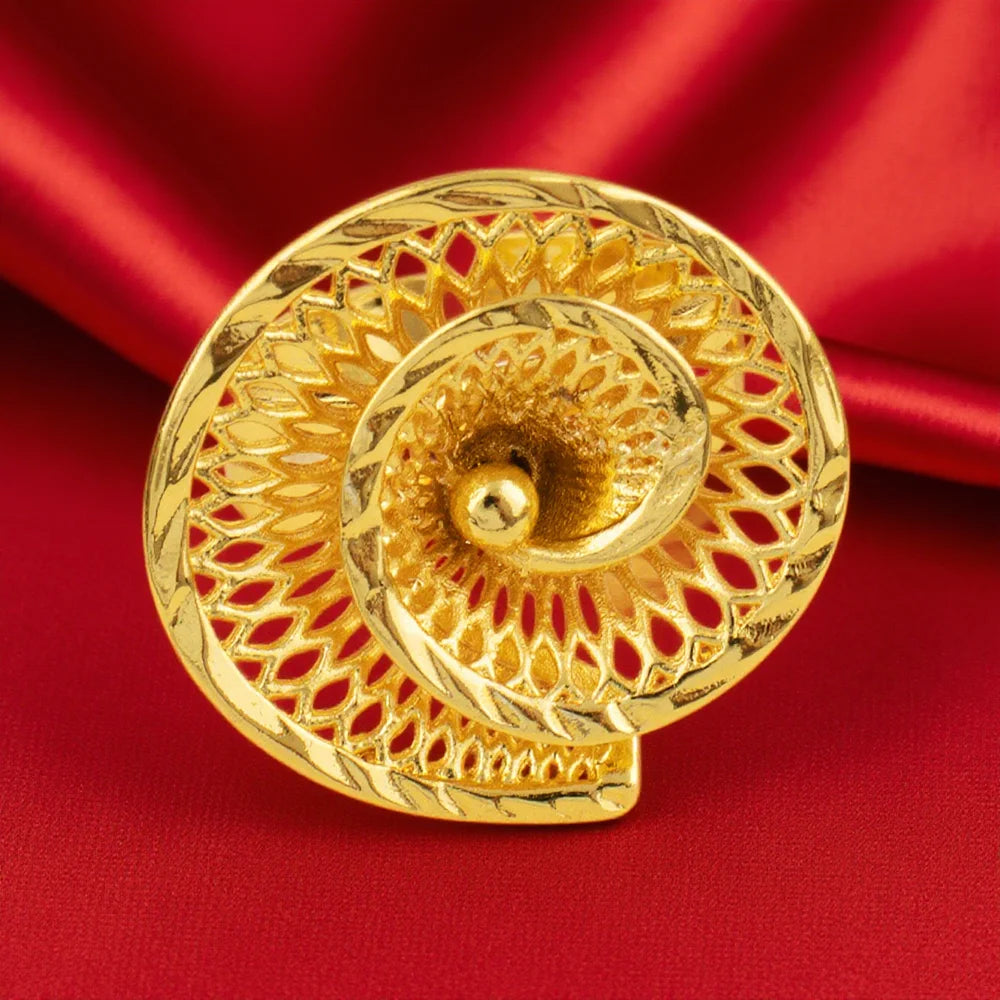 24K Yellow Gold Color  Flower Pendant Necklace Ring Earrings 3pcs Jewelry Set Middle Eastern Luxury Flower Copper Jewelry