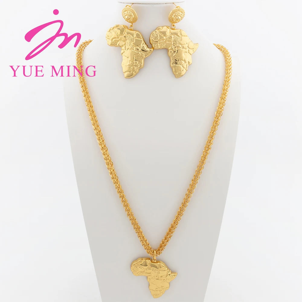 African Map Shape Jewelry Set for Women Brazilian Dubai Italian Gold Plated Necklace Drop Earrings Wedding Party Banquet Jewelry - YUEMING JEWELRY