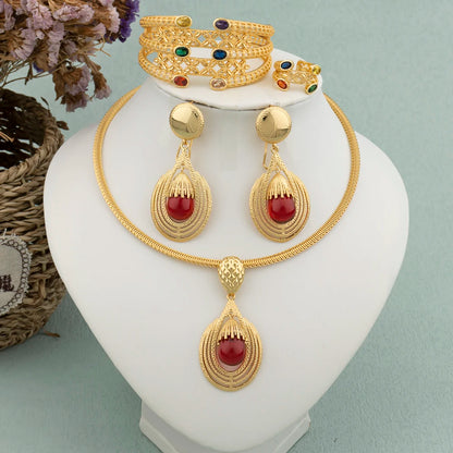 4 pcs Women Dubai Jewelry Sets Italy Drop Earrings 18K Gold Plated Female Necklace Bracelet Ring Engagement Bridal Jewelry Gift