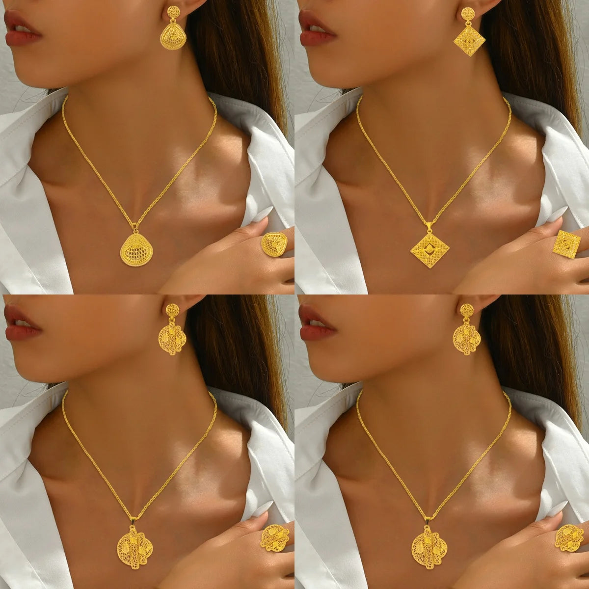 Mid East plated 3pcs Jewelry Set For Women India Dubai Jewelry Geometry Earrings Necklace Ring Set Apply for Party Wedding