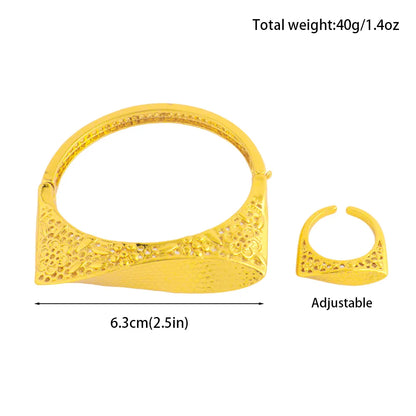 Punk Gold Plated Open Spring Bracelet Women's Fashion Hollow Engrave Design Smooth Ring Earring Bangle Set Versatile Jewelry