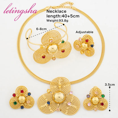 Luxury Colorful Zircon Inlay Jewelry Set for Women African Gold Color Pendant Clip Earrings Cuff Bangle Ring Set Weddings Party