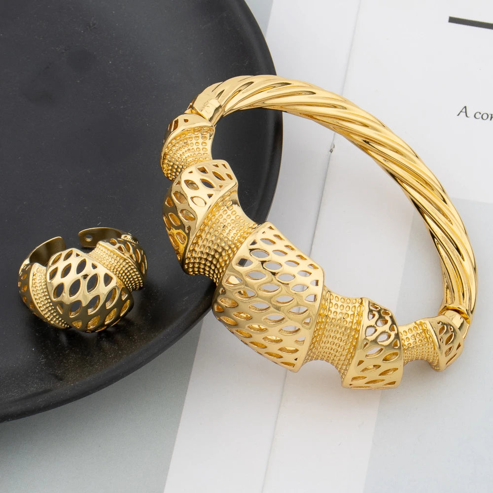 Dubai Fashion Gold Plated Bangle With Ring For Women Hollow Design Arab Luxury Charm Copper Bracelets Wholesale Party Gift