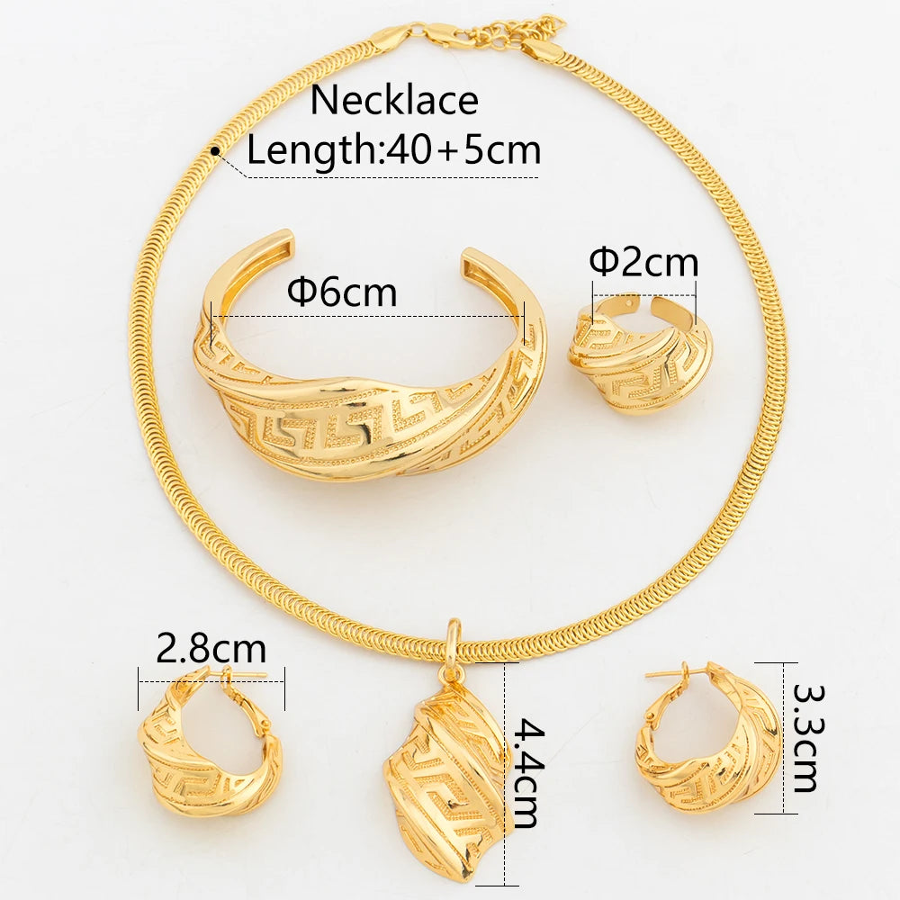 YM 4PCS Jewelry Set Copper Gold Color Earrings Pendent Necklace For Women Cuff Bangles Adjustable Ring Trendy Wedding Party Gift - YUEMING JEWELRY