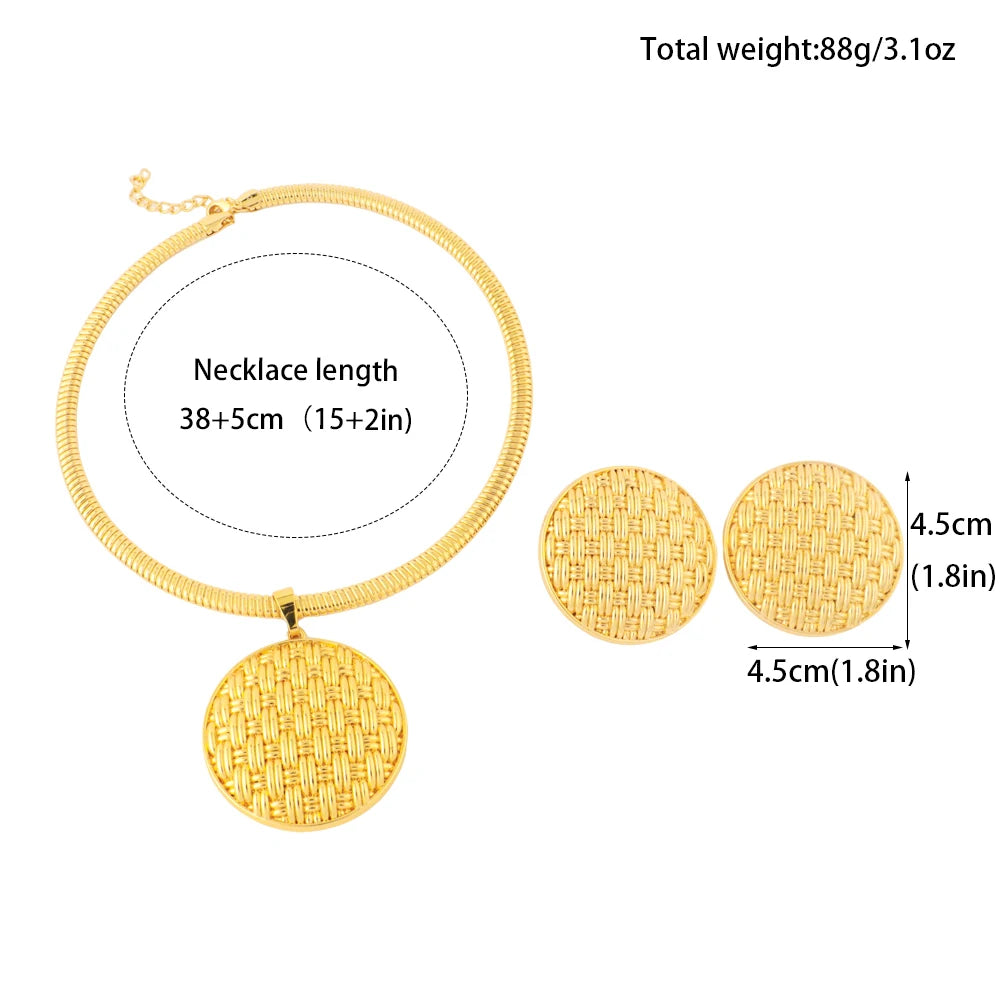 18K Gold Plated Brazilian Bold Roundel Earrings & Necklace Set for Women, Dubai African Party Graduation Gift, Luxury Jewelry Se