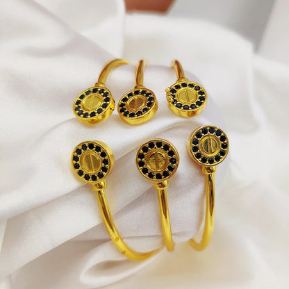 3pcs Black Zircon Cuff Bangles Dubai Gold Color Jewelry Wedding Bride Women Crystal Charm Bracelets Birthday Anniversary Gifts