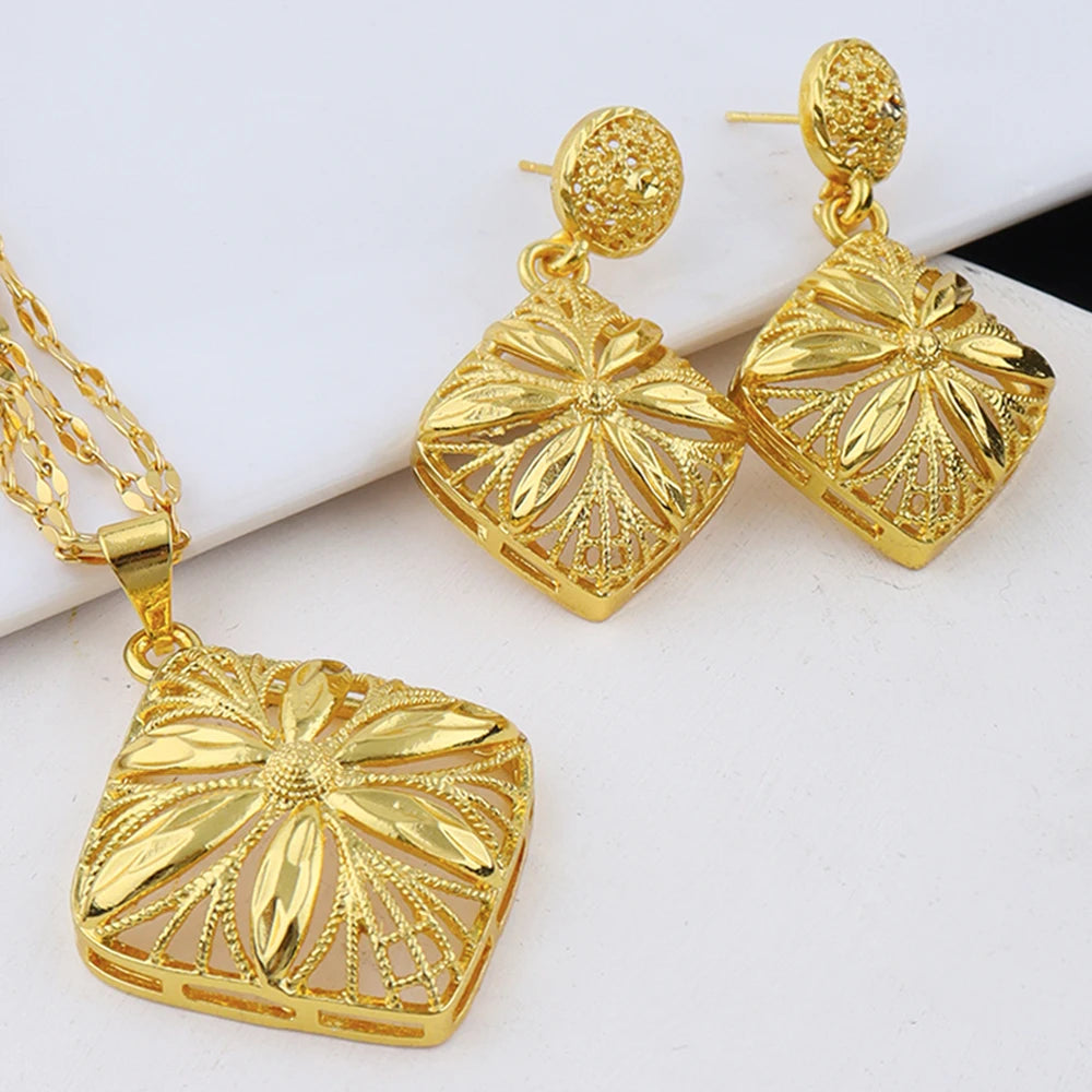 24K Gold Color Jewelry Fashion Necklace Earrings Set High Quality Luxury Jewelry Dubai India Africa Gift Accessories
