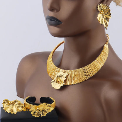 Dubai  Leaf Earrings & Thick Collar Necklace Jewelry Set for Women, Cuban Link Bangle Ring Gift Wedding Accessories