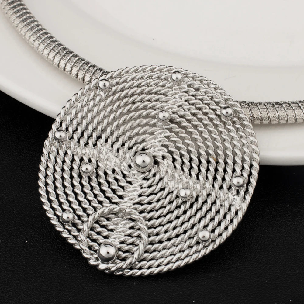 Large Round Earrings Collar Necklace Silver Color Bangle Ring Set for Women America Exaggerated Jewelry Set For Party Dressing