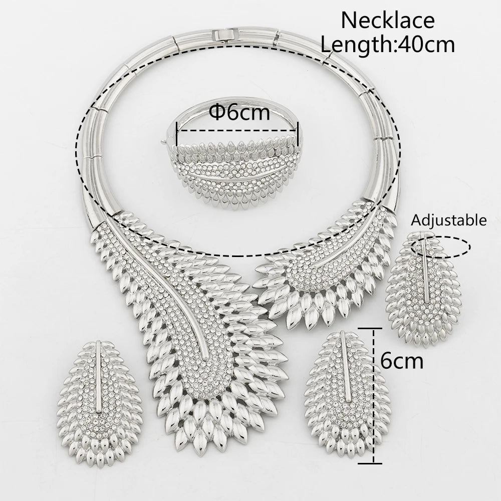 Luxury Jewelry Sets for Women Sliver Plated Wedding Jewellery Zircon Feather Exquisite Necklace Clip Earrings Charm Bangles Ring