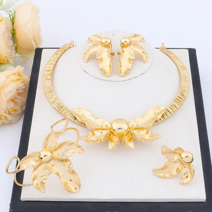 African Gold Plated Fallen Flowers Design Necklace Earrings Bracelet Ring Jewelry Set for Women Classic Gold Color Party Gift