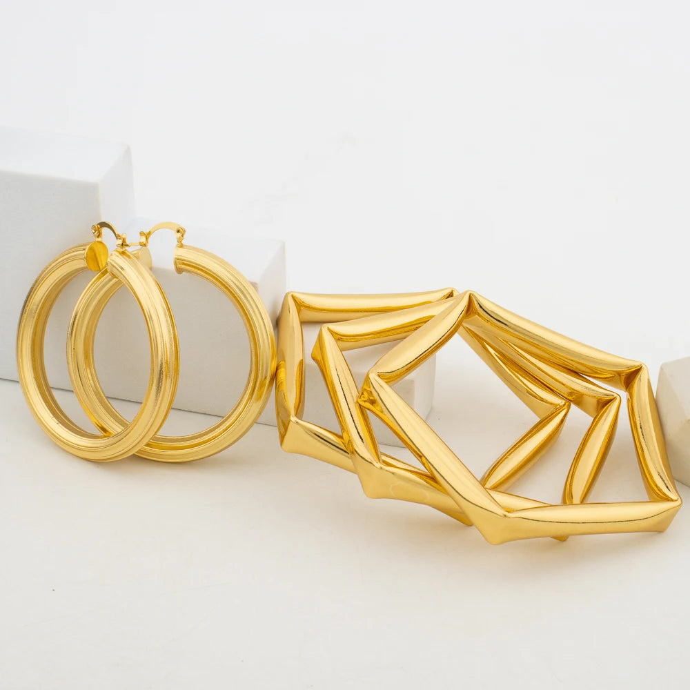 Earrings with Bangle Jewelry Set for Women African Dubai Gold Color Hand Bangle Hoop Earrings Weddings Bride Jewellery Accessory
