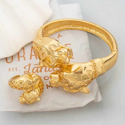 18K Gold-Plated Dubai Leopard Bracelet & Adjustable Ring, Copper Luxury Jewelry Gift for Women, Elegant Christmas Party Accessor