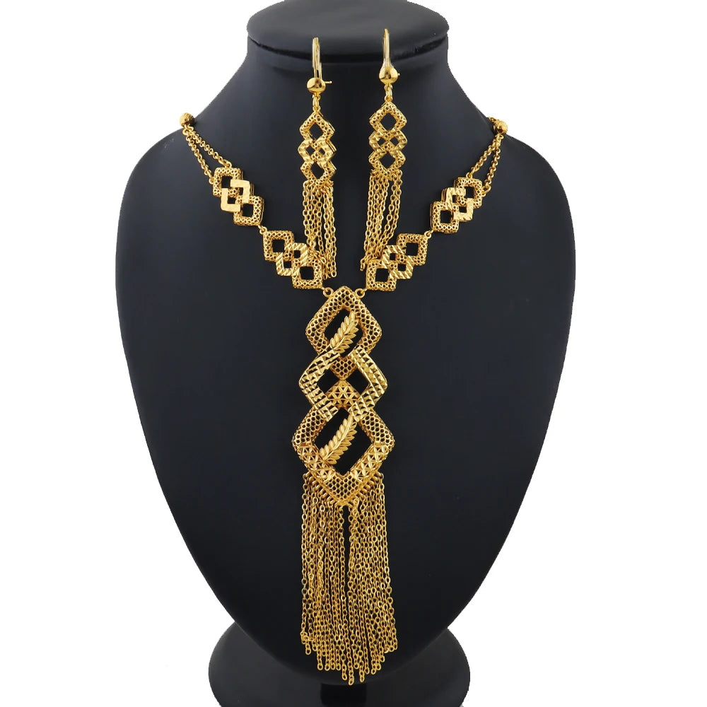 dubai style womens jewelry set 24K luxury Gold Color Long Necklace Set  Nigerian Party Bridal Wedding Necklace Earrings Set