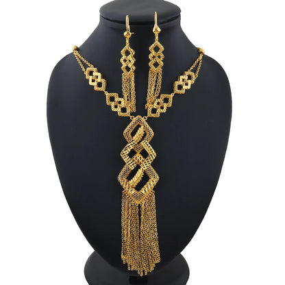 dubai style womens jewelry set 24K luxury Gold Color Long Necklace Set  Nigerian Party Bridal Wedding Necklace Earrings Set