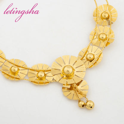 African Classic Big Flower Jewelry Set for Women Luxury Gold Color Necklace Set Dubai Jewelry Earrings Bangle Ring for Party