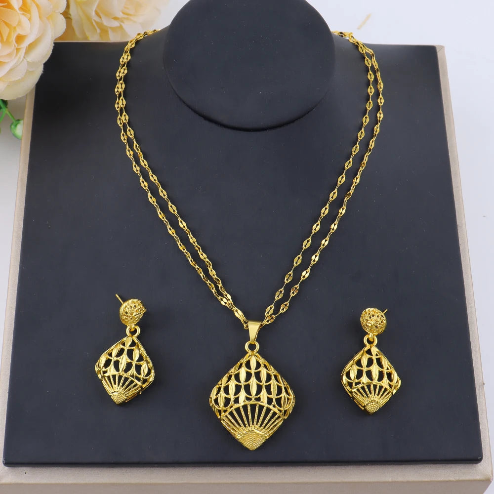 Fashion Gold Color Jewelry for Women Necklace Earrings Set Party Accessories Dubai India Africa Nigerian Bridal Gift