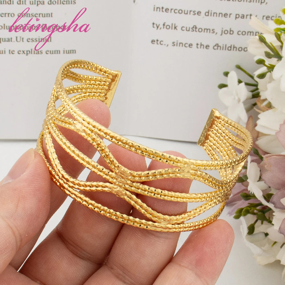 Italy Fashion Bangle Ring Set for Women Large Copper Bracelet Luxury Jewelry African Dubai Gold Color Jewelry Party Gift