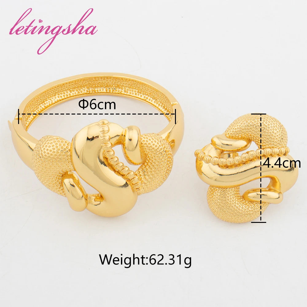 18k Gold Color Bangle with Ring Set for Women Dubai Bride Wedding Ethiopian Charm Bracelet African Bangle Jewelry Party Gifts