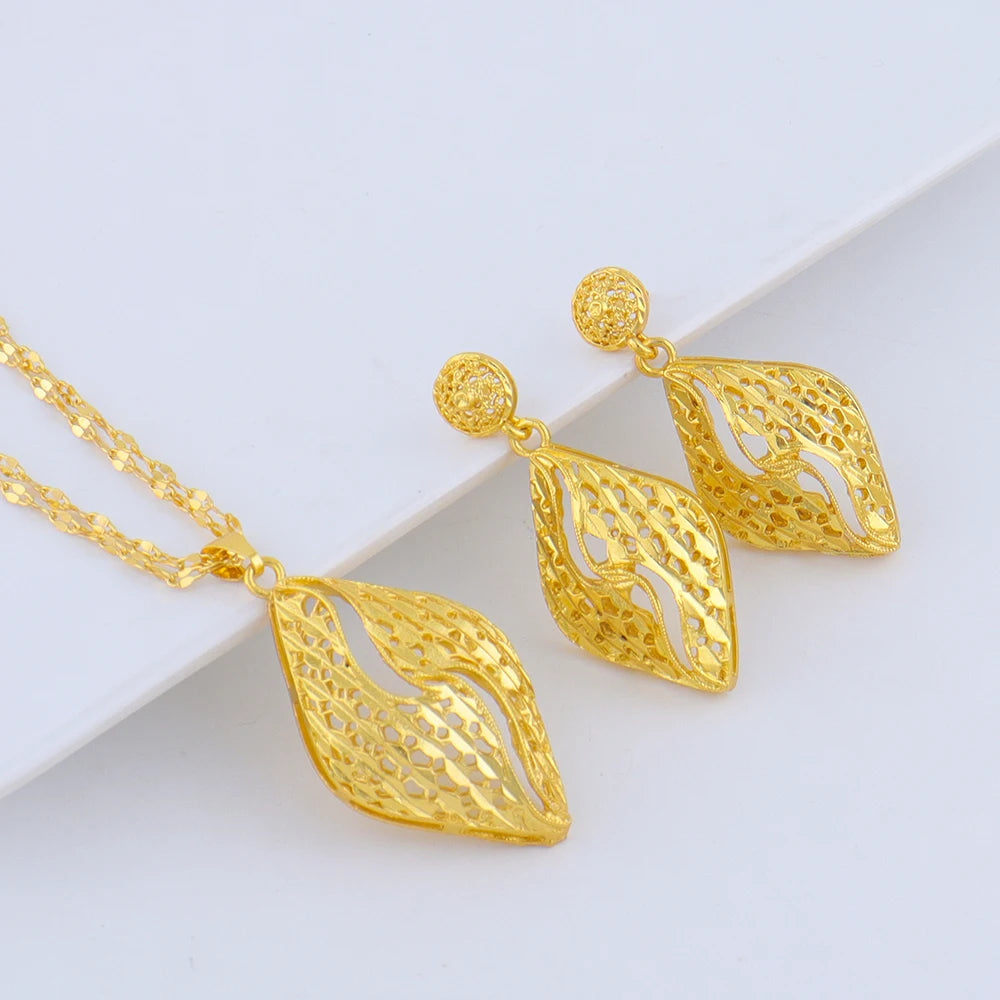 Fashion Gold Color Jewelry 24K Gold Color Warped Geometry Necklace Earrings Set Dubai India Africa Nigerian Bridal Gift