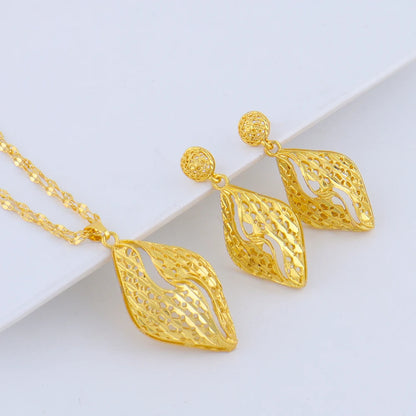 Fashion Gold Color Jewelry 24K Gold Color Warped Geometry Necklace Earrings Set Dubai India Africa Nigerian Bridal Gift