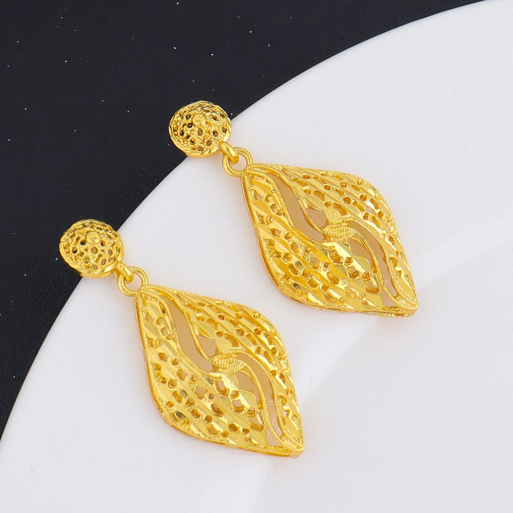 Fashion Gold Color Jewelry 24K Gold Color Warped Geometry Necklace Earrings Set Dubai India Africa Nigerian Bridal Gift