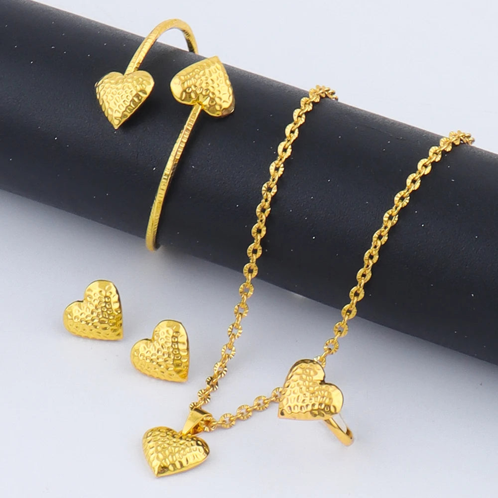 Stainless Steel Heart Jewelry Set for Women, Trendy Wedding Gift Earrings Necklace Bracelet Ring, Fashion Female Access