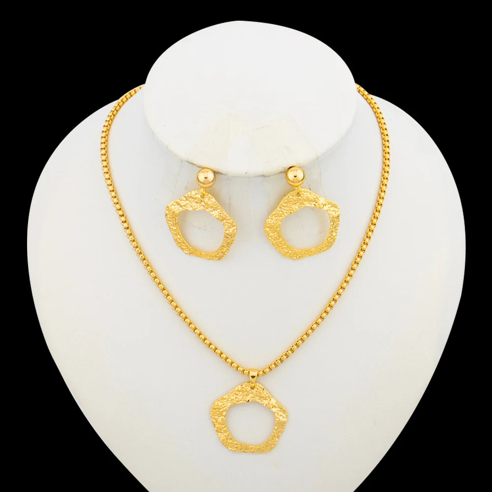 Ethiopia Golden Plated Jewelry Set Ladies Elegant Necklace and Earrings 2Pcs/Set Afican Dubai Party Bridal Jewelry Accessories