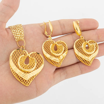 YM Gold Color Jewelry Set for Women African Flower Shape Dubai Copper Earrings Necklace Round Hollow Pendant Jewelry Accessories - YUEMING JEWELRY