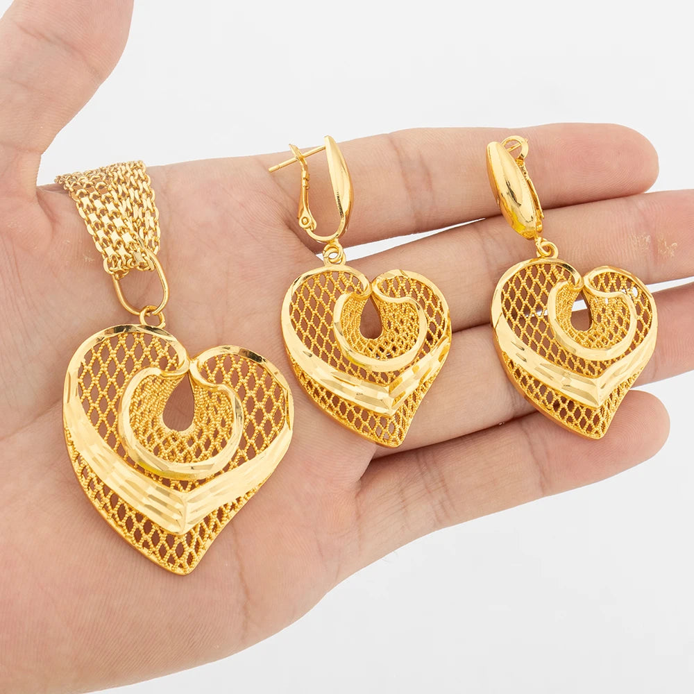 YM Gold Color Jewelry Set for Women African Flower Shape Dubai Copper Earrings Necklace Round Hollow Pendant Jewelry Accessories