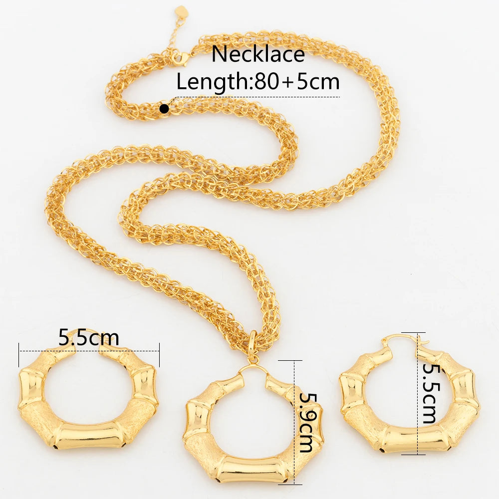 Fashion Gold Plated Jewelry Sets Bridal 80CM Necklace Bamboo Pendant Hoop Earrings for Women Weddings Gifts Jewellery Accessory - YUEMING JEWELRY