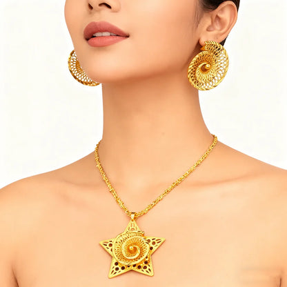 Gold Plated Star Shape Necklace Women's Earrings Ring Set Dubai Wedding Gold Jewelry 2 Piece Set Christmas Party Favor