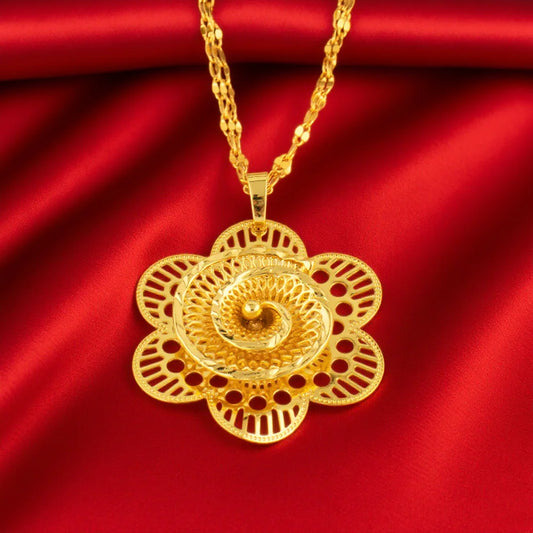 24K Yellow Gold Color  Flower Pendant Necklace Ring Earrings 3pcs Jewelry Set Middle Eastern Luxury Flower Copper Jewelry